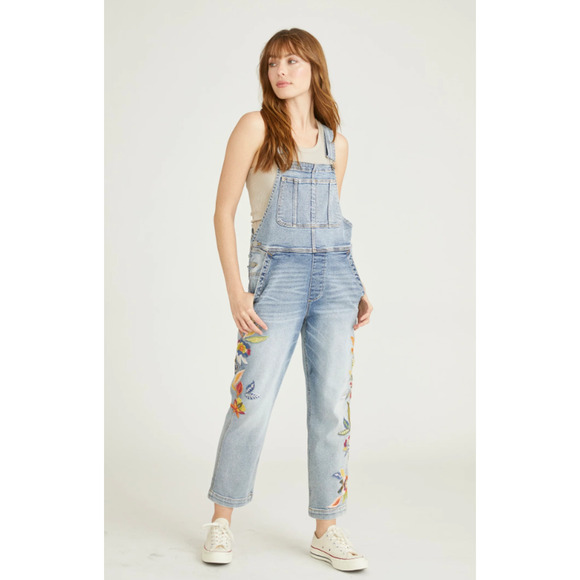 DRIFTWOOD Brady Boyfriend Overalls Feathery Leaf XS Light Blue Denim NWT - Picture 1 of 14